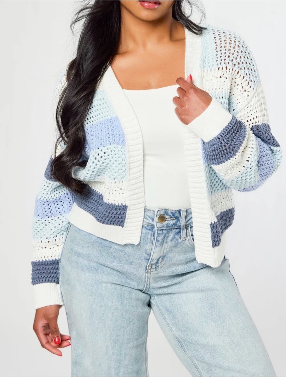 LES LIS Crochet Striped Cropped Cardigan Sweater - White & Blue